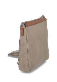 Borsa a tracolla in tessuto beige con una superficie liscia, rifiniture in pelle marrone sulla zip e motivi floreali in rilievo sul corpo principale.