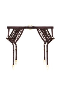 Ce porte-jarretelles en dentelle marron avec des accents en satin et des finitions en or. Comprend un anneau en O et des bretelles réglables. Détail en dentelle texturée tout au long.