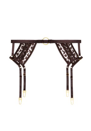 Ce porte-jarretelles en dentelle marron avec des accents en satin et des finitions en or. Comprend un anneau en O et des bretelles réglables. Détail en dentelle texturée tout au long.