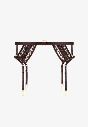 Ce porte-jarretelles en dentelle marron avec des accents en satin et des finitions en or. Comprend un anneau en O et des bretelles réglables. Détail en dentelle texturée tout au long.