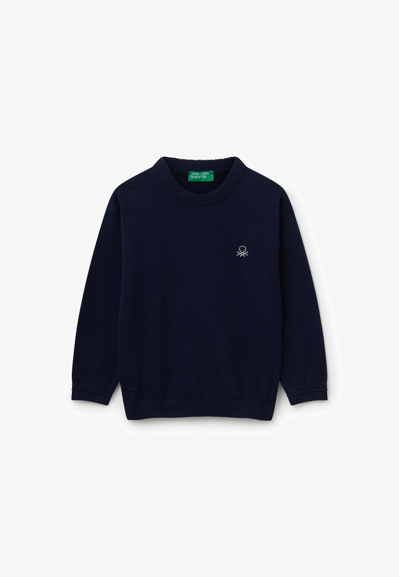 Marineblauer Rundhals-Pullover mit gerippten Bündchen und Saum, ausgestattet mit einem kleinen gestickten Logo auf der linken Brust.