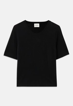 Black short-sleeve knitted top with a crew neckline. Features a smooth texture and ribbed accents along the neckline and sleeves.