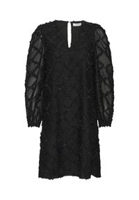 Svart klänning med V-ringning och långa ballongsärmar. Har ett strukturerat tyg med ett diamantmönster och dekorativa detaljer genom hela plagget.