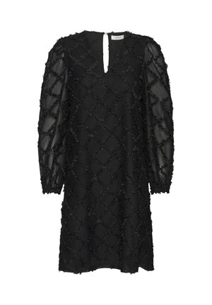 Vestido negro con escote en V y mangas largas de globo. Presenta una tela texturizada con un patrón de diamantes y acentos decorativos en toda la prenda.