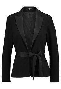 Blazer negro hecho de tela con solapa de satén. Cuenta con mangas largas, un cinturón de lazo en la cintura y un diseño de delantero abierto.