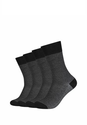 Vier Paare schwarz-grau gemusterte Crew-Socken mit einfarbigen schwarzen Bündchen, Fersen und Zehen, in einer Reihe auf weißem Hintergrund angeordnet.