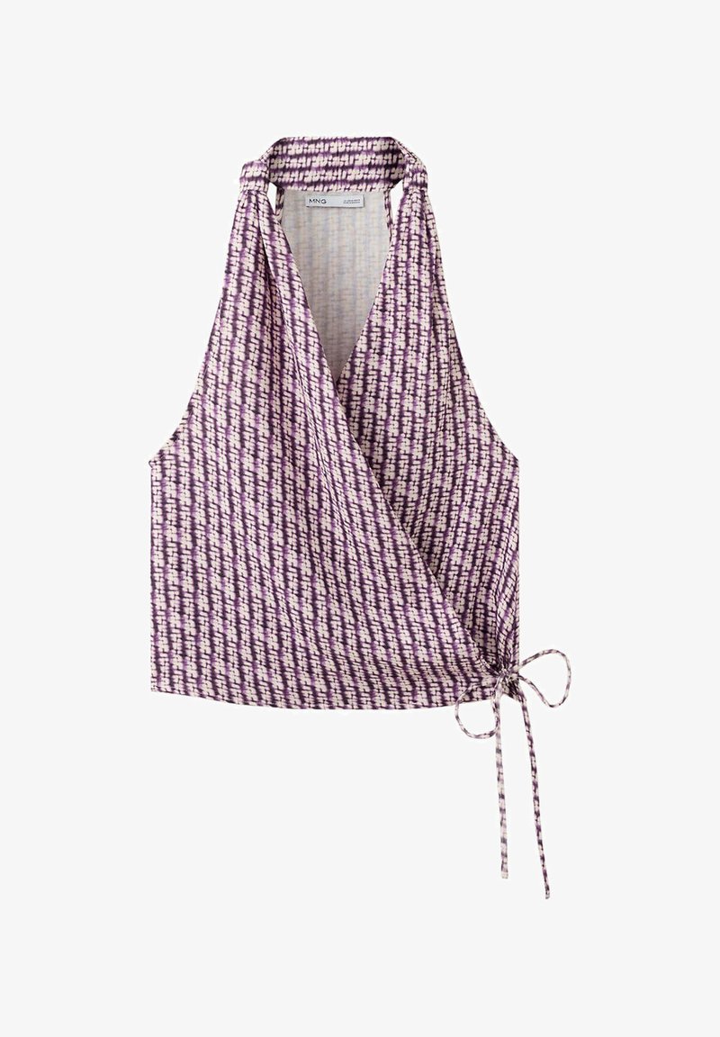 Bezrukávový fialovo-biely vzorovaný zavinovací top s hlbokým výstrihom do V a zaväzovaním na boku, halter štýl.