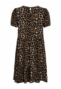 Šaty s leopardím vzorom, krátke rukávy, zúžený pás a volánová sukňa. Paleta farieb obsahuje odtiene hnedej a čiernej, s otvorom v zadnej časti.