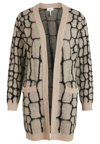 Stickad cardigan i beige och svart, med ett rutmönster, öppen framsida, långa ärmar och två framfickor. Mjuk, texturerad tyg.