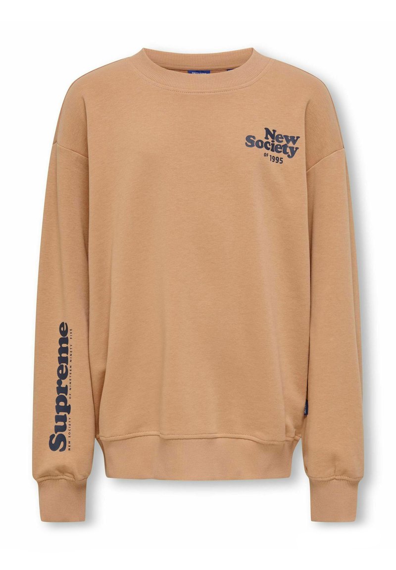 Kraftig crewneck sweatshirt i lys tan med slids på siden. Har mørkeblå tekst: "New Society" på forsiden og "Supreme" på ærmet.