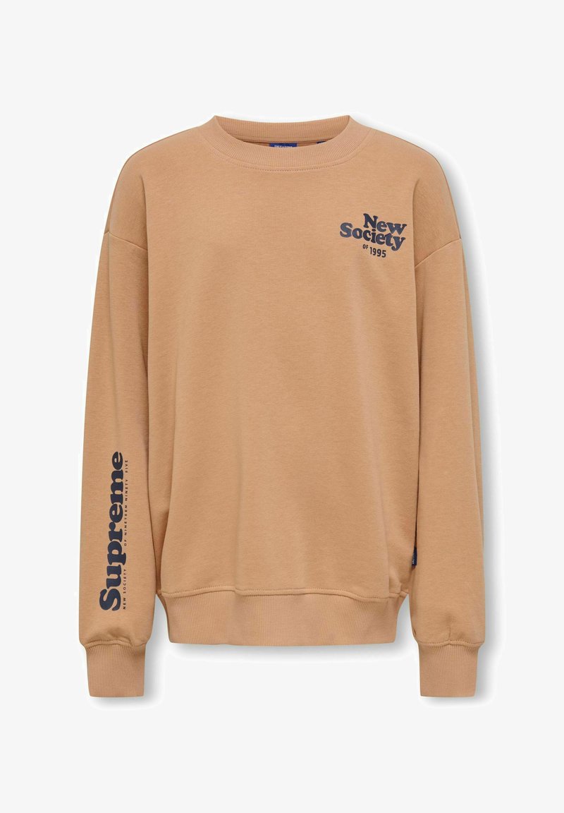 Kraftig crewneck sweatshirt i lys tan med slids på siden. Har mørkeblå tekst: "New Society" på forsiden og "Supreme" på ærmet.