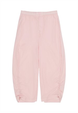 Pantalones cortos de color rosa claro con cintura elástica, bolsillos laterales y detalles de cordón ajustable cerca de los bajos.