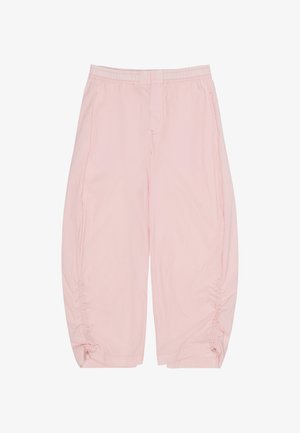 Light pink cropped pants with an elastic waistband, side pockets, and adjustable drawstring details near the hems.