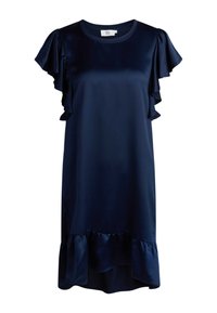 Tamsiai mėlyna satino suknelė su trumpomis volanėlėmis ir volanėlių apvadu. Lygus paviršius ir laisvas dizainas.