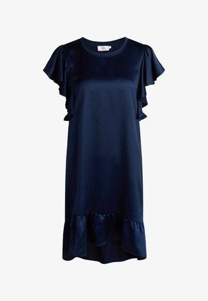 Mornarsko plava satenasta haljina s kratkim volanastim rukavima i volanastim rubom. Glatka tekstura i ležeran kroj.
