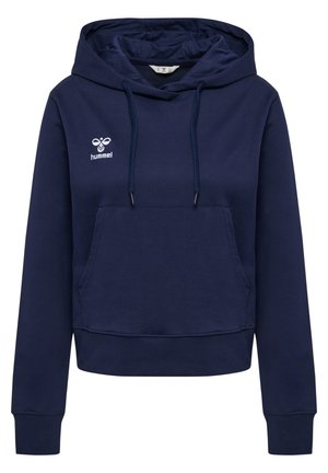 Marineblå hettegenser med lommer foran, snor og et hvitt, hevet logo. Laget av myk stoff med en avslappet passform.