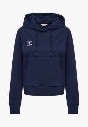 Dunkelblauer Kapuzenpullover mit einer Fronttasche, Kordeln und einem weißen geprägten Logo. Aus weichem Stoff mit einer lockeren Passform.