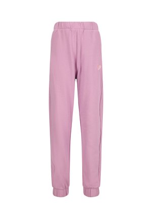 Rosa Kinder-Sweatpants mit elastischem Bund und Bündchen, versehen mit einem kleinen Herz-Detail am linken Oberschenkel.