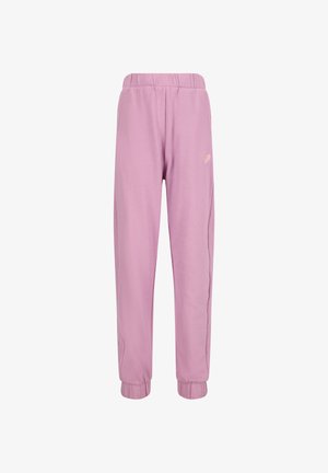 Vaaleanpunaiset lasten collegehousut, joissa on joustava vyötärönauha ja lahkeensuut, vasemmassa reisessä pieni sydänkoriste.