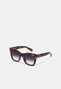Gafas de sol de carey con montura gruesa, lentes degradados y acentos en dorado en las patillas. Forma cuadrada y textura brillante.