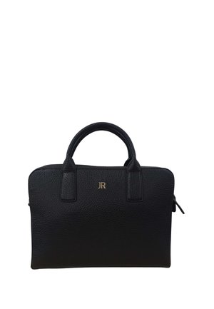 Borsa a mano in pelle nera testurizzata con due manici corti, iniziali dorate "JR" sul davanti e cerniera laterale.