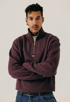 Homme aux cheveux courts et bouclés avec une moustache, portant un pull zippé violet foncé et un jean bleu, debout les bras croisés.