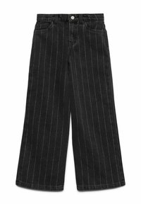 Crne traperice širokih nogavica s bijelim vertikalnim prugama, s patentnim zatvaračem na gumbe, dva prednja džepa i teksturiranom traper tkaninom.