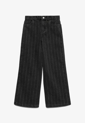 Jeans negri cu picioare largi și dungi verticale albe, cu închidere cu nasturi, două buzunare frontale și material din denim texturat.