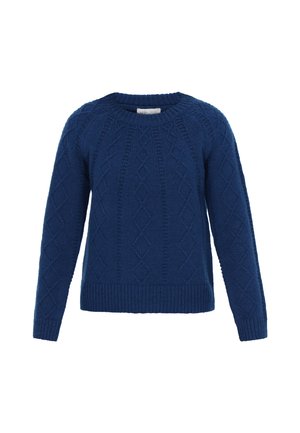 Sinine kudumiga sviiter ümmarguse kaelusega, millel on geomeetriline teemandimuster ning soonikkoes varrukate otste ja alumise osa ääred. Valmistatud struktureeritud lõngast.