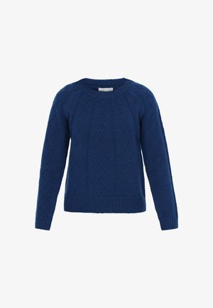 Blå strikket sweater med rund hals, der har et geometrisk diamantmønster og ribbede manchetter og kant. Lavet af et tekstureret garn.