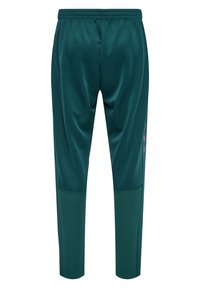 Türkise Sporthose mit glatter Oberfläche, elastischem Bund und schmal zulaufenden Beinen. Mit kontrastierenden Seitenpaneelen und dezenten Markenakzenten.