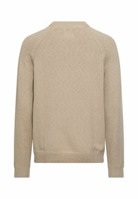 Beige knitted sweater with a crew neck, ribbed cuffs, and hem. The fabric has a smooth texture and consists of a lightweight, fine knit.