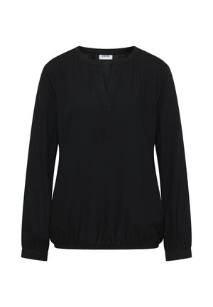 Zwarte longsleeve top met een V-hals, gathered manchet en een ontspannen pasvorm. Gemaakt van zachte stof met een gladde textuur en een eenvoudig ontwerp.