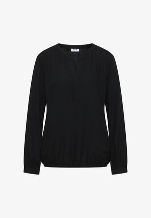 Czarny długi rękaw top z dekoltem w serek, zebranymi mankietami i luźnym krojem. Wykonany z miękkiego materiału o gładkiej teksturze i prostym designie.