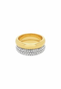 Anello in oro e argento con una fascia in oro lucido sopra una fascia in argento ornata di piccole gemme trasparenti per un tocco di brillantezza.