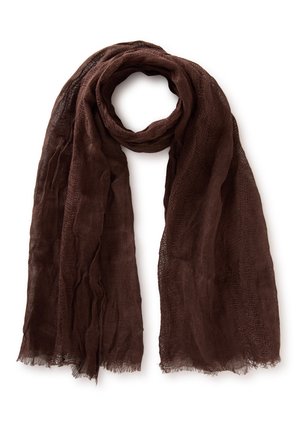 Sciarpa leggera in garza marrone con bordi sfilacciati, annodata liberamente in alto su sfondo bianco.