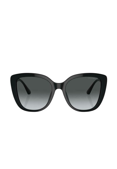 Occhiali da sole neri oversize a forma di occhio di gatto con lenti grigie scure sfumate e montatura lucida.