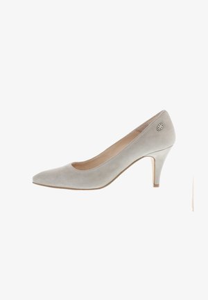 Beige suede women's pump with pointed toe, mid-height heel, and small round silver decorative emblem near the heel.