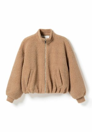 Béžová fleecová bunda so zipsom vpredu, elastickým lemom a manžetami, bočnými vreckami a stojacím golierom.