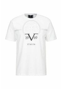Witte katoenen t-shirt met korte mouwen, voorzien van een cirkelvormige leeuw graphic en de tekst "1969 ITALIA" in grijs. Horizontale grijze strepen op de schouders.