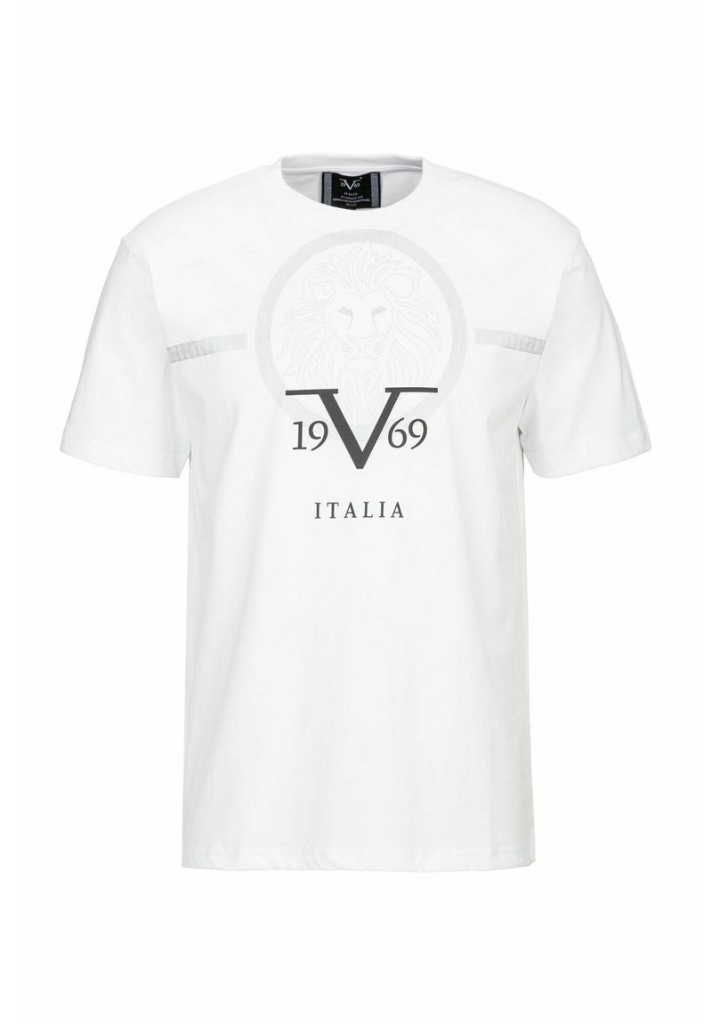Witte katoenen t-shirt met korte mouwen, voorzien van een cirkelvormige leeuw graphic en de tekst "1969 ITALIA" in grijs. Horizontale grijze strepen op de schouders.