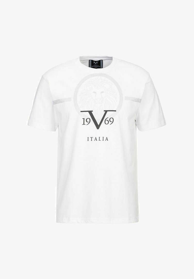 Weißes Baumwoll-T-Shirt mit kurzen Ärmeln, das ein kreisförmiges Löwengrafik und den Text "1969 ITALIA" in Grau zeigt. Horizontale graue Streifen auf den Schultern.
