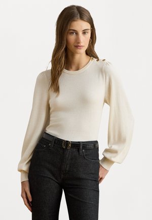 BUTTON-TRIM PUFF-SLEEVE SWEATER - Pullover - mascarpone cream