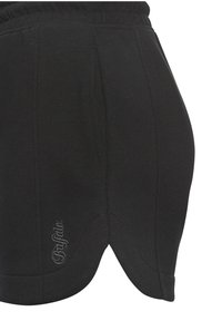 Black shorts made of soft fabric, featuring a rounded hem and embroidered logo. Design includes pleats for a tailored look.