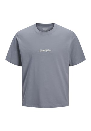 Vaaleanharmaa lyhythihainen pyöreäkauluksinen t-paita, jossa rinnan keskellä pieni valkoinen "Jack & Jones"-logo.
