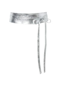 Cintura metallica argentea con una trama liscia, caratterizzata da una fascia larga e lunghi nastri per la chiusura. Design semplice senza ulteriori accenti.