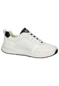 Weiße Schnürsneaker mit einem glatten Obermaterial aus Leder und Synthetik, schwarzen Akzenten an der Ferse, strukturiertem Zungenbereich und einer Gummiaußensohle.