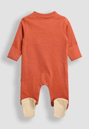 Rjavkasto dojenčkovo oblačilo z dolgimi rokavi, mehak bombažni material, bež podplati in krožno oblikovan izrez. Spodnji del ima panel za pritisne gumbe.