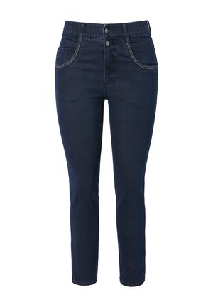 Donkerblauwe jeans met een aansluitend ontwerp, een middelhoge tailleband en contrasterende stiksels op de zakken. Glad denim met minimale versieringen.