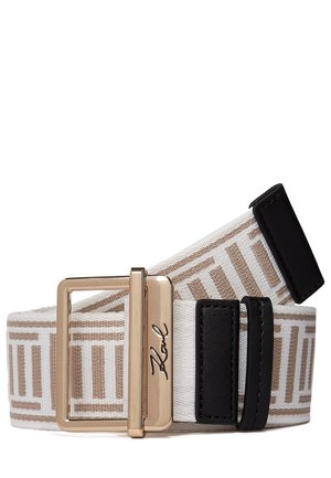 White and beige patterned fabric belt with gold rectangular buckle engraved with "Karl" and black leather loop and tip.